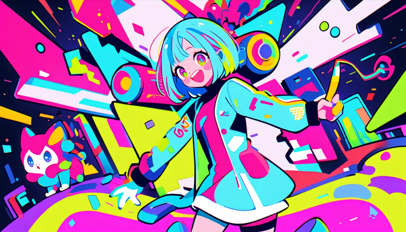 Vibrant art,pop、bright、colorful, 1 female, Light blue hair,　short hair、Happy,cute, animation style, kawaii, clearly, colorful cyberpunk, bubblegum pop, cute、Pink and light blue as main colors、I&#39;m cheering loudly、　Headphonesをしている、Headphoneusic、buzzer、buzzer, tropical,