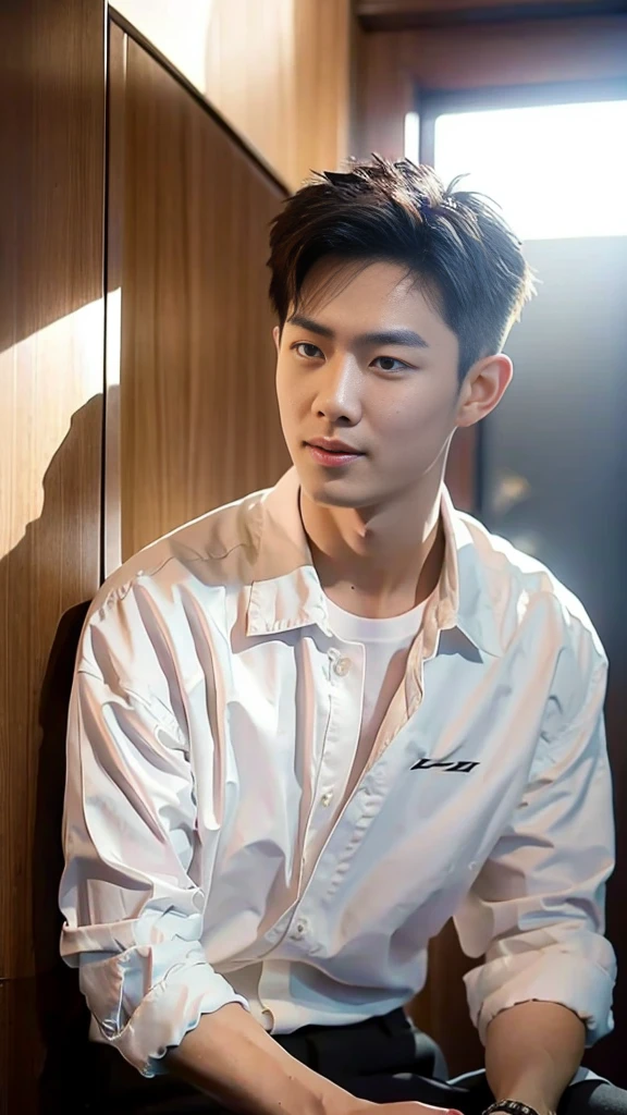 male handsome 20-year-old handsome guy，looking to the camera，frontage，high qulity，tmasterpiece，8K.4K,1080P，Light-sensitive, ยิ้ม, ,มุมกว้าง สวมเสื้อโปโลสีดำ