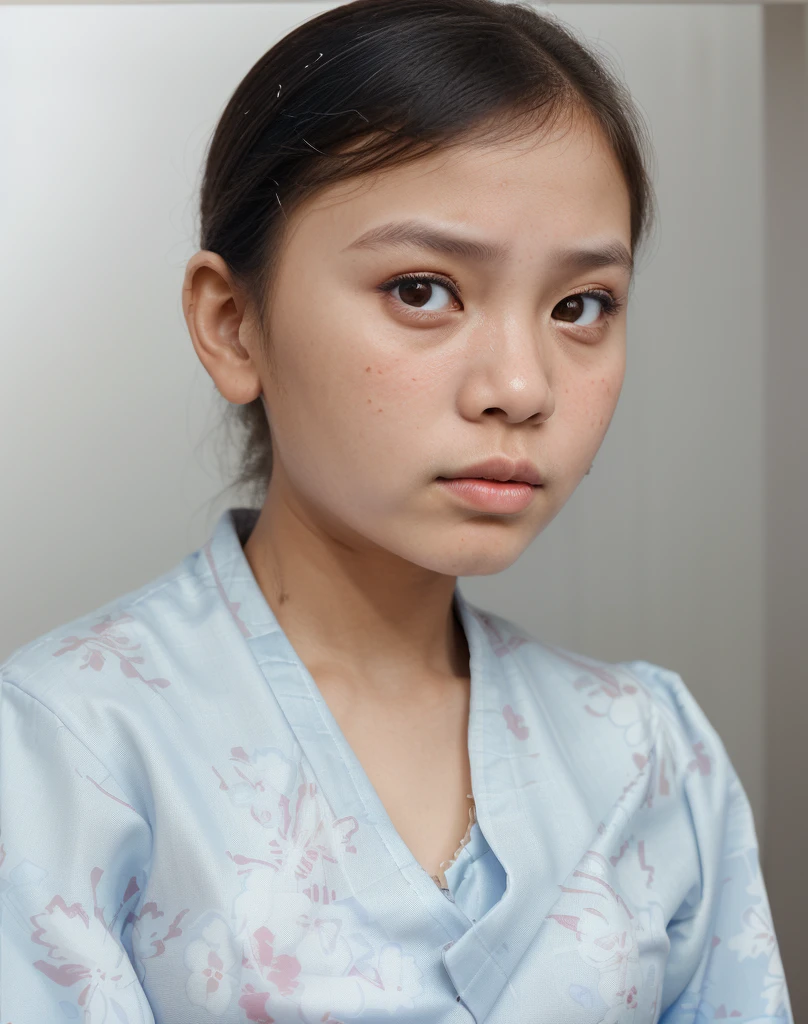 The image is a portrait of a girl with a serious expression, wearing a traditional dress with a floral pattern. Indonesia face, blue white dress