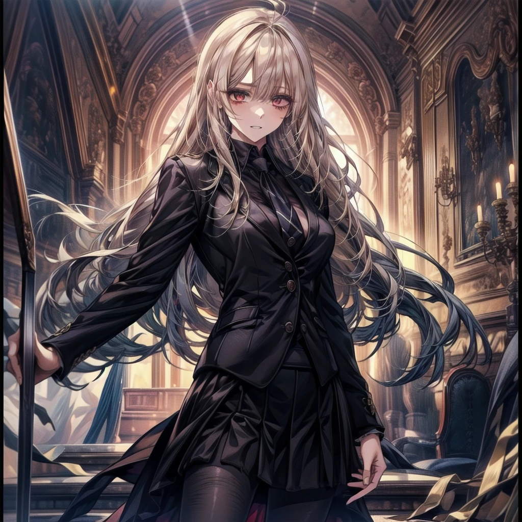 ((Highest quality)), ((masterpiece)), (detailed), (Character Focus、breast focus), (One Girl: 1.5)、4K、((左右対称のface立ち)), Anime 2D Rendering, Realistic young anime woman,
完璧なface, (アニメのeye:1.2、Beautiful details、輝くeye), Beautiful body, Beautiful thighs, Beautiful legs, (美しい白いskin:1.5)、Perfect round ass、 Slightly larger breasts、20-year-old、
blonde、(風通しの良いLong Hair、Both sides up)、濃い青いeye、
(((Three-piece suit))), (White Collar Dress Shirt), black suit vest:1.4, (((Suit jacket)))、(Black Shiny Pencil Miniskirt:1.4)、(Black Pantyhose:1.4)、(Black high heels)、
魅惑的な笑face、turn around、Crazy Smile, 狂ったeye, A cute and luxurious hair band,(masterpiece:1.2, Highest quality), (Actual Photos, Intricate details), Scary atmosphere、Distorted facial expressions、Horror Art、Bloodの雨、Bloodを流す、Bloodしぶき、悪魔のeye、redいeye、scar、、火scar、whole body、Torn hair of a woman dressed in slave clothing、(Long Hair)、(eyeにかかる長さの前髪)、Black Hair、(((eyeの下のクマ)))、青白いskin、Feeling unwell、Pathological、邪悪な笑face、狂ったeye、(Grin)Dramatic makeup,Create mixed media art、,Horror 1 Girl, Open_mouth, , red_eye, Blood, Tilt_red_skin, Injury, Blood_in addition_face, Bandaged_arm, Blood_in addition_zombie, Blood_in addition_hand , Open your eyelids wide, The trend is all, mouthを大きくOpen, mouthを開けてteethをむき出しにする,獣のような鋭いteeth, Wide lips, 非常に広いmouth, Vermilion cheeks, blonde, Princess Cut, Ribbon hair ornament, brooch, Otaku Room, Well-built body, Nice body, Ample breasts, Thick body,eyeを大きく開いて、Scary atmosphere、Distorted facial expressions、ねじれた笑face、Bloodまみれの、頭からの出Blood、Bloodしぶき、whole body、Long Hair、Long bangs、Well-built,Broad shoulders,I focus,(face),Messy Hair,いeye,(光るeye),(Bloodしぶき:1.6),red信号,笑face,big 笑face,teeth,psycho 笑face,gesugao,Dark city background,darkness,night,(close),良いeye, 良いteeth,サディスティックな笑face,,all,光沢のあるskin,detailedなface,Beautiful body, whole bodyから湯気が出ている Steam like a sauna room fills the screen... mouthからの白い息 Luxurious lace long gloves