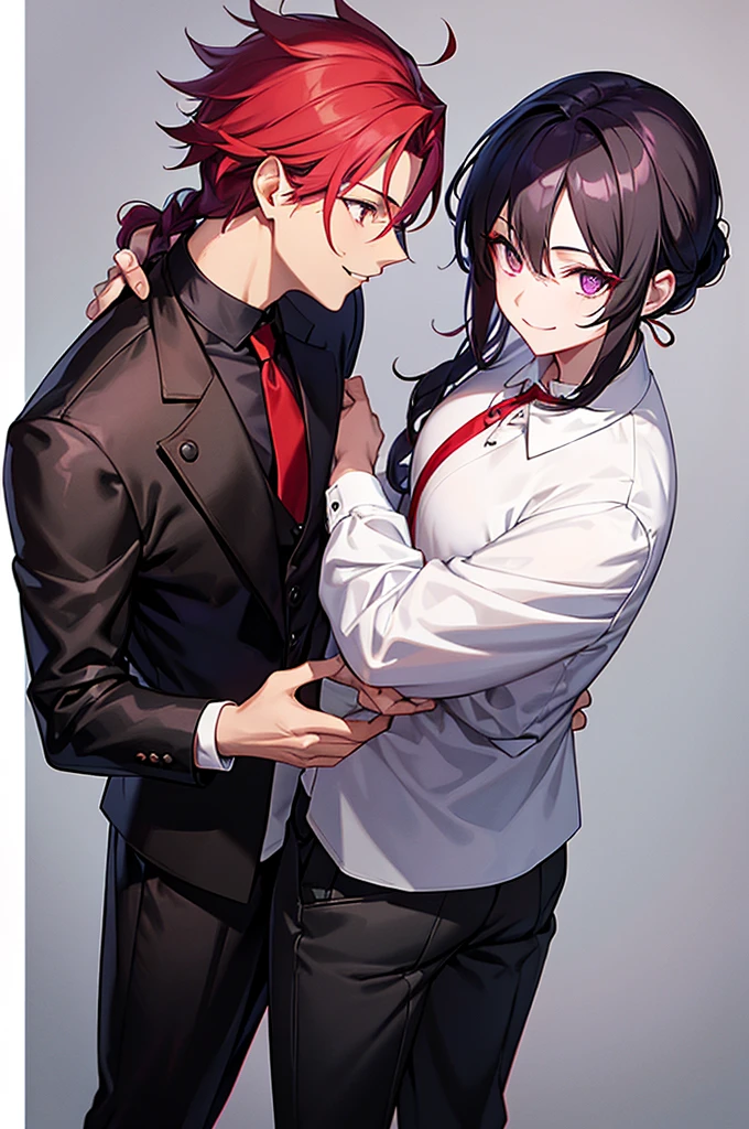 8kï¼ultra-detailed, illustration, (beautiful detailed eyes), beautiful, amazing, mature male, detailed eyes, (((masterpiece)))<lora:YYY-000014:0.9>,necktie, heart, black hair, striped, multicolored hair, long hair, 1boy, 1girl, striped necktie, jacket, diagonal stripes, streaked hair, yellow eyes, suit,contemporary, flat black clothes,