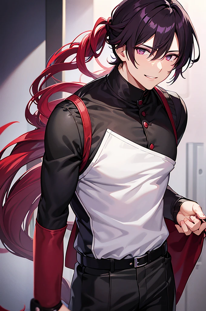 Black and red mesh hair、Purple Eyes、White background、Anime characters、Hair tied together、A man wearing a white shirt and a black vest、Black trousers、Leather shoean standing and smiling、Man standing facing forward、Adult male