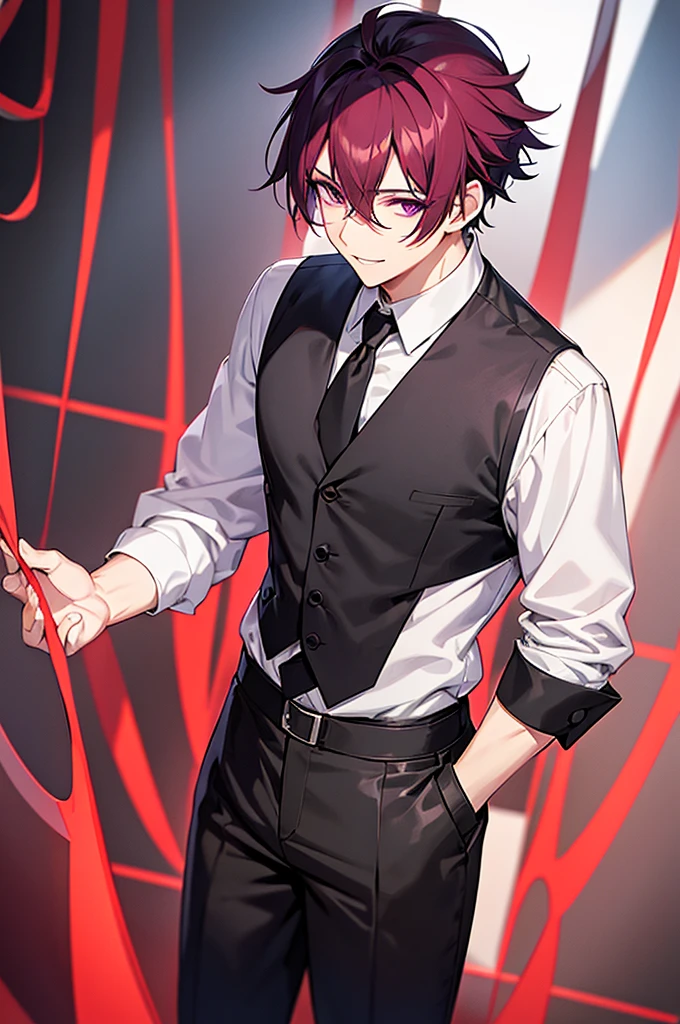 Black and red mesh hair、Purple Eyes、White background、Anime characters、Hair tied together、A man wearing a white shirt and a black vest、Black trousers、Leather shoean standing and smiling、Man standing facing forward、Adult male