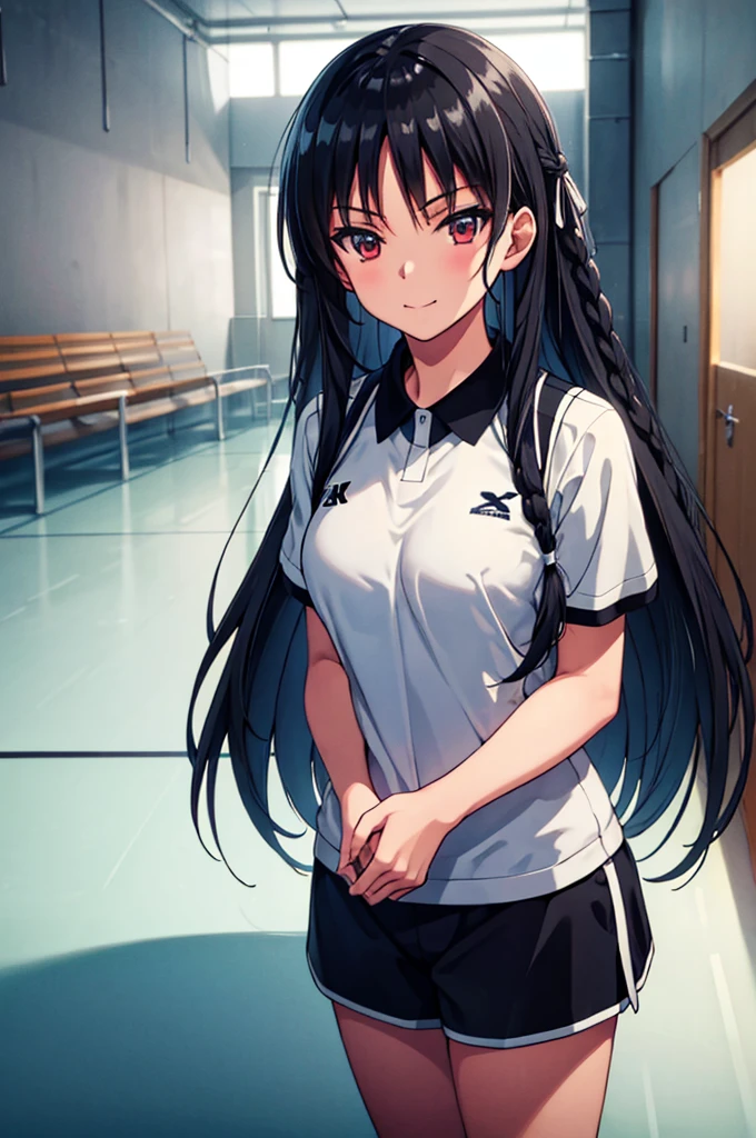 (masterpiece:1.3), (best quality:1.1), (8k, ultra detailed, ultra high res:1.2), ((anime style)), perfect 5 fingers, perfect anatomy,
1girl,
BREAK long hair, braid, black hair, red eyes, smile, (medium breasts:0.9),
BREAK basketball uniform, cowboy shot, BREAK perfect light, standing, (detailed background:1.1), inside, indoors, Gymnasium, (basketball), (Basketball court:1.2), crowd,