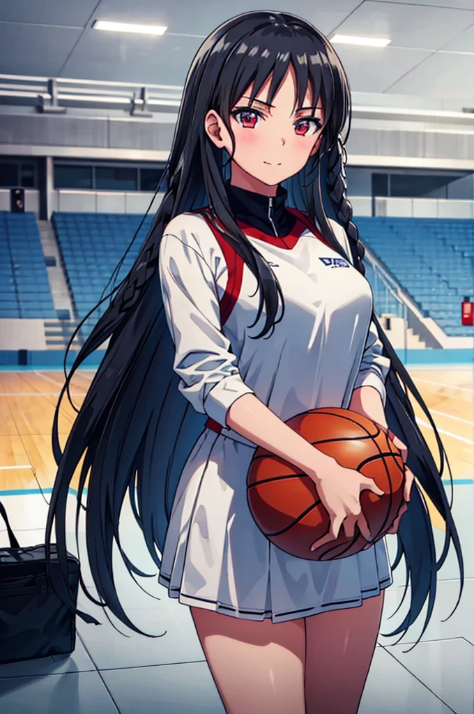 (masterpiece:1.3), (best quality:1.1), (8k, ultra detailed, ultra high res:1.2), ((anime style)), perfect 5 fingers, perfect anatomy,
1girl,
BREAK long hair, braid, black hair, red eyes, smile, (medium breasts:0.9),
BREAK basketball uniform, cowboy shot, BREAK perfect light, standing, (detailed background:1.1), inside, indoors, Gymnasium, (basketball), (Basketball court:1.2), crowd,