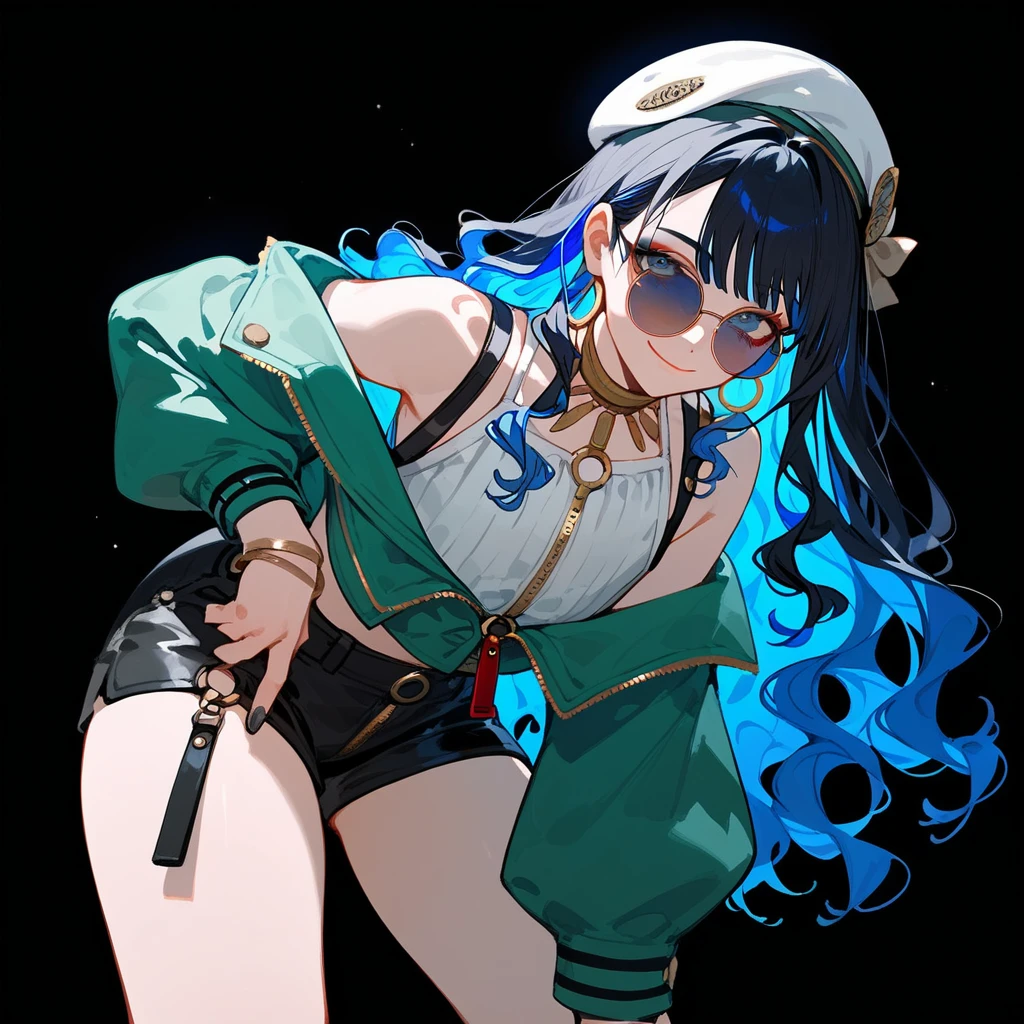 (score_9, score_8_up, score_7_up), 1boy, solo, long hair, black hair, colored inner hair, blue hair, wavy hair, eyeliner, makeup, jewelry, beret, o-ring, neck ring, black shorts, buttons, round sunglasses, bracelet, bare shoulders, green jacket, white jacket, off shoulder, zipper, from below, leaning forward, hand between thighs, thighs focus, thighs close-up, smile, closed mouth, cropped face, lower body, black background, simple background, masterpiece,