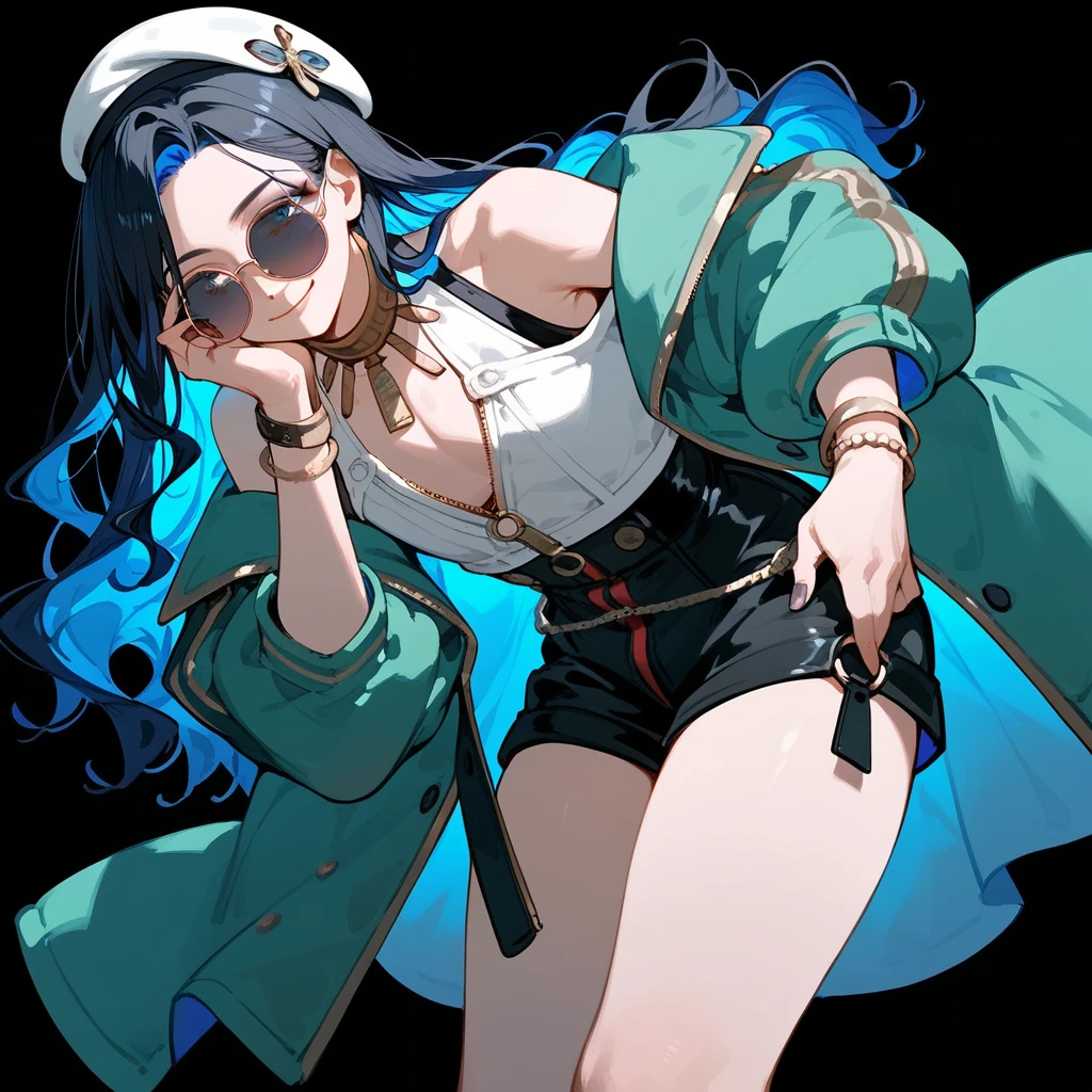 (score_9, score_8_up, score_7_up), 1boy, solo, long hair, black hair, colored inner hair, blue hair, wavy hair, eyeliner, makeup, jewelry, beret, o-ring, neck ring, black shorts, buttons, round sunglasses, bracelet, bare shoulders, green jacket, white jacket, off shoulder, zipper, from below, leaning forward, hand between thighs, thighs focus, thighs close-up, smile, closed mouth, cropped face, lower body, black background, simple background, masterpiece, 