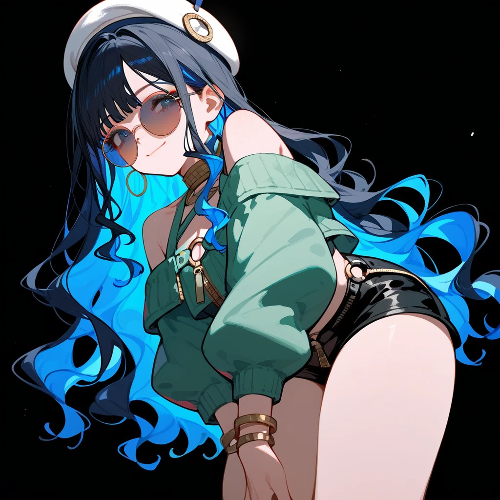 (score_9, score_8_up, score_7_up), 1boy, solo, long hair, black hair, colored inner hair, blue hair, wavy hair, eyeliner, makeup, jewelry, beret, o-ring, neck ring, black shorts, buttons, round sunglasses, bracelet, bare shoulders, green jacket, white jacket, off shoulder, zipper, from below, leaning forward, hand between thighs, thighs focus, thighs close-up, smile, closed mouth, cropped face, lower body, black background, simple background, masterpiece, 