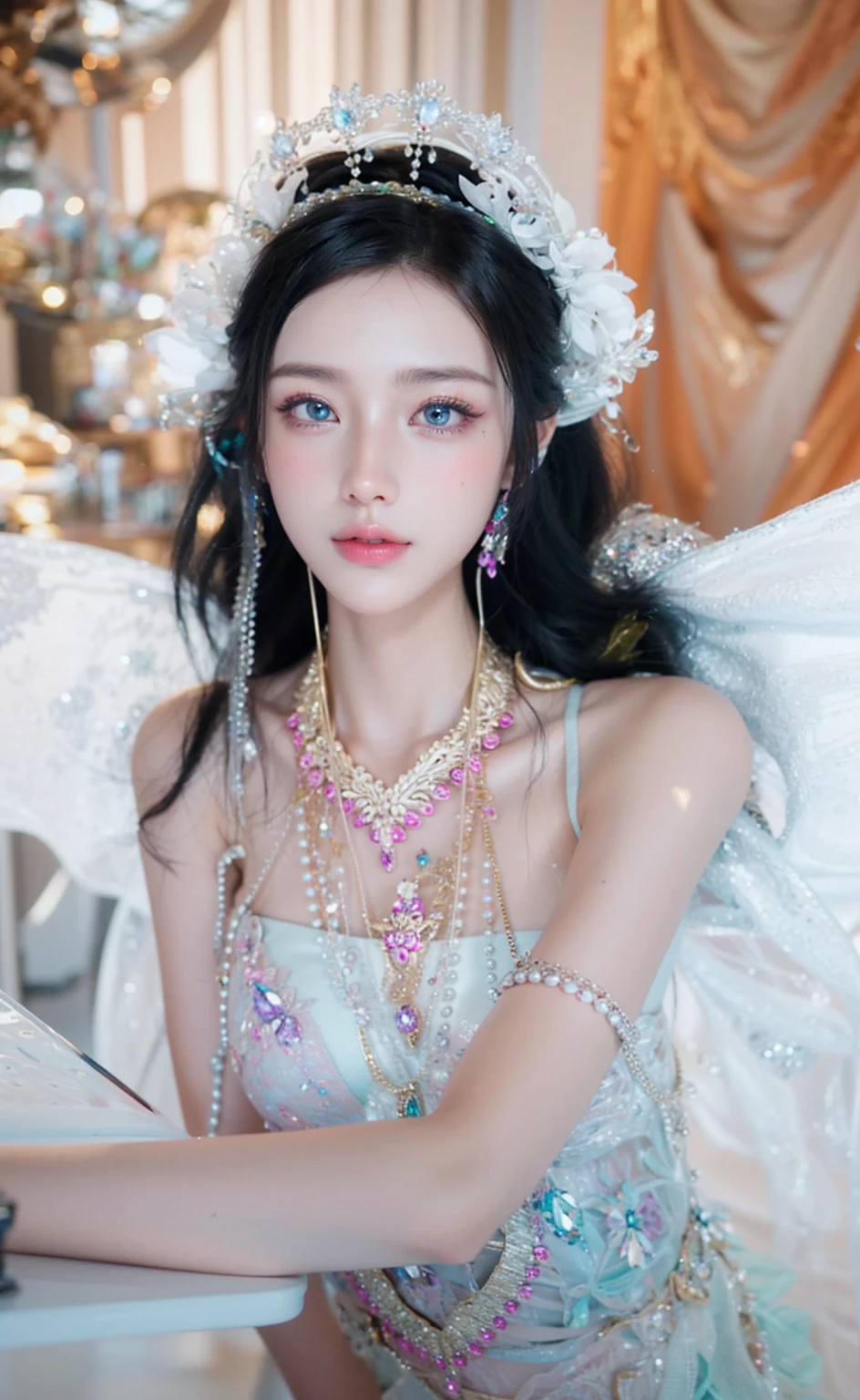 Game Art,Best image quality,Maximum resolution,8K,(A bust photo),(portrait),(Head close-up),(Rule of Thirds),Unreal Engine 5 rendering works,20 year old girl,((Queen)),The eyes are very detailed,(Large Breasts),Elegance and nobility,Light,Light线追踪,Game CG,((3D Unreal Engine)),OC rendering reflection mode,4K,Ultra-clear,Sensual,Translucent lace,Fair and plump figure,Pretty Face,Light泽凝胶涂层,身着华贵礼服的Queen,Crystal Gem Crown,Necklace jewelry,blue eyes,The tattoo is very three-dimensional,Gorgeous and intricate tattoo designs,Ultra-clear portrait,Sexy body,Temple Princess,Sapphire eyes,Fine gold and diamond jewellery,Luxurious jewelry,Wearing diamond gemstone jewelry,Gorgeous jewelry all over the body,Pearl Necklace,Diamond Dress,Super beautiful model,