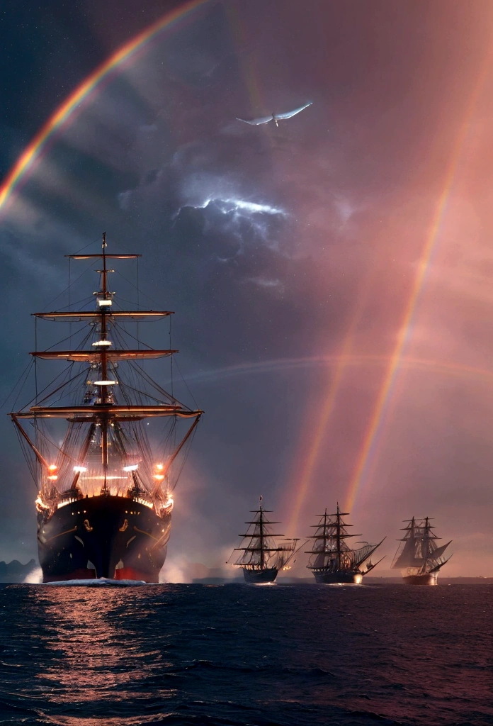 "Hyper-realistic, cinematic sky scene, massive flying whale, white whale, flying sailships, whale and ships racing through the sky, countless red lights surrounding, huge rainbow, lens flare, ghosting effect, beautiful female captain watching, two-masted flying sailships, beautiful woman on deck, steampunk aesthetic, ultra-detailed 3D rendering, vertical composition,