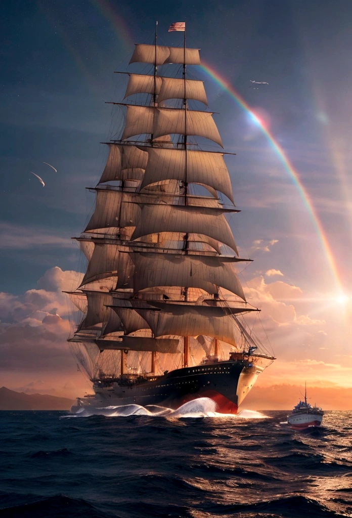 "Hyper-realistic, cinematic sky scene, massive flying whale, white whale, flying sailships, whale and ships racing through the sky, countless red lights surrounding, huge rainbow, lens flare, ghosting effect, beautiful female captain watching, two-masted flying sailships, beautiful woman on deck, steampunk aesthetic, ultra-detailed 3D rendering, vertical composition,