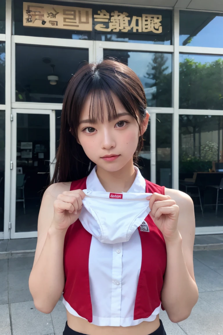 (8K, RAW Photos,Highest quality, High resolution:1.1), (Ultra-realistic:1.4),(Realistic, Realistic:1.3),The Beauty of Japan、Rhythmic gymnastics club、Rhythmic Gymnastics Uniform、((Upper Body:1.3)),holding panties 