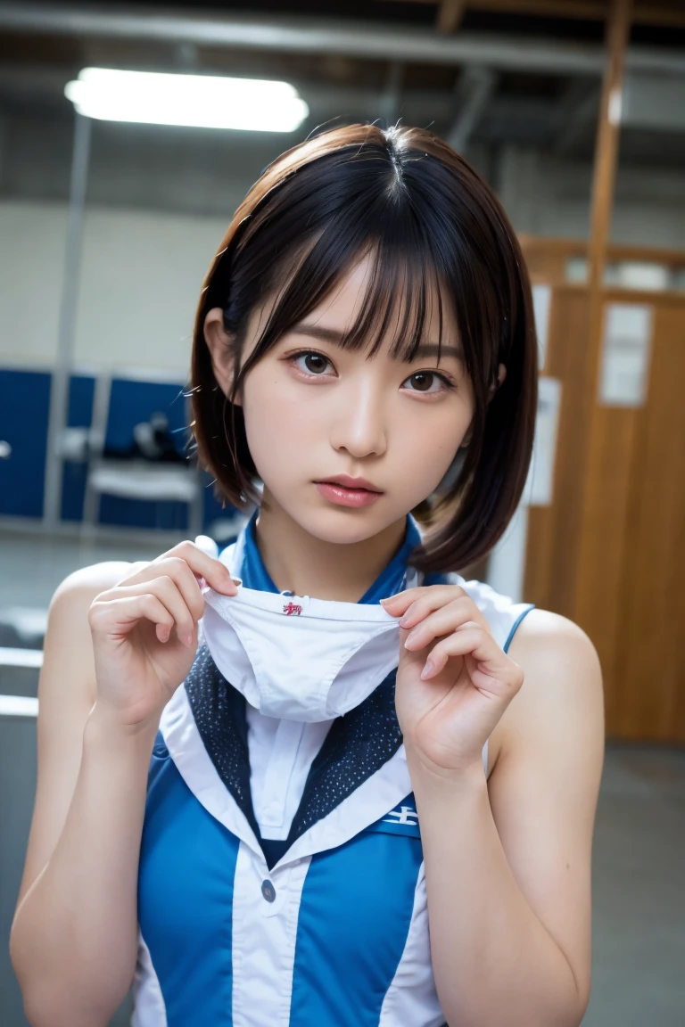 (8K, RAW Photos,Highest quality, High resolution:1.1), (Ultra-realistic:1.4),(Realistic, Realistic:1.3),The Beauty of Japan、Rhythmic gymnastics club、Rhythmic Gymnastics Uniform、((Upper Body:1.3)),holding panties 