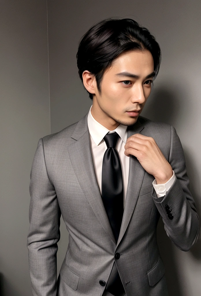 Let a 30-year-old,Wearing a black suit,Handsome Chinese man wearing a tie, CEO, Brown hair and beard, (Man in gray suit and tie), ), (Use a beard,) Charming and serious appearance, Short black hair, Elegant Fashion, Shaver with suit and strong body, (high quality, Realistic visual effects), Dark and light black on image background, style, ((Highest quality, 8K, masterpiece), Ultra-high-definition photos, (Beautiful and delicate face, Skin texture details, Ultra-fine body:1.1),Full body picture