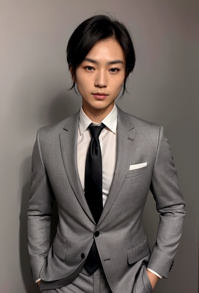 Let a 30-year-old,Wearing a black suit,Handsome Chinese man wearing a tie, CEO, Brown hair and beard, (Man in gray suit and tie), ), (Use a beard,) Charming and serious appearance, Short black hair, Elegant Fashion, Shaver with suit and strong body, (high quality, Realistic visual effects), Dark and light black on image background, style, ((Highest quality, 8K, masterpiece), Ultra-high-definition photos, (Beautiful and delicate face, Skin texture details, Ultra-fine body:1.1),Full body picture