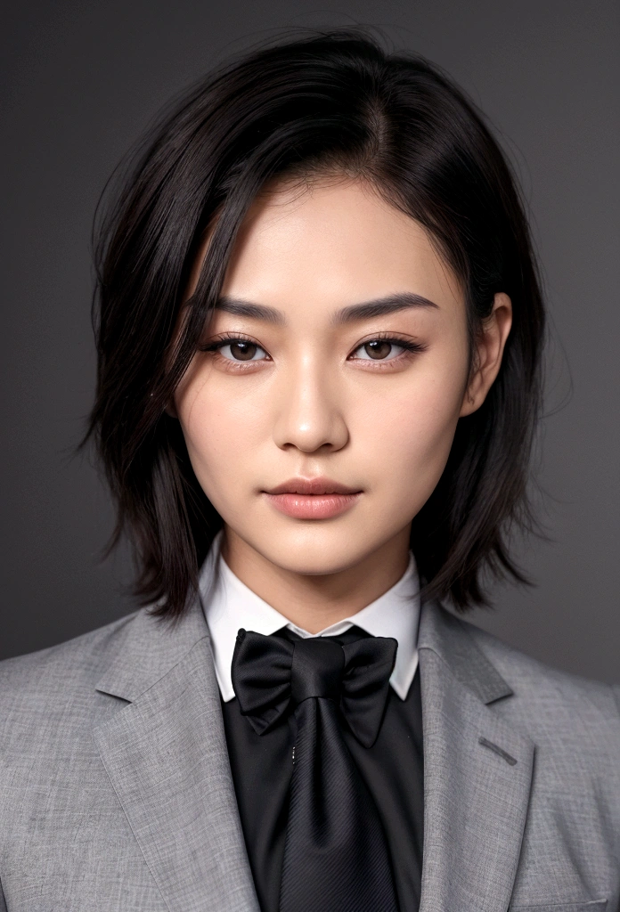 Let a 30-year-old,Wearing a black suit,Handsome Chinese man wearing a tie, CEO, Brown hair and beard, (Man in gray suit and tie), ), (Use a beard,) Charming and serious appearance, Short black hair, Elegant Fashion, Shaver with suit and strong body, (high quality, Realistic visual effects), Dark and light black on image background, style, ((Highest quality, 8K, masterpiece), Ultra-high-definition photos, (Beautiful and delicate face, Skin texture details, Ultra-fine body:1.1),Full body picture