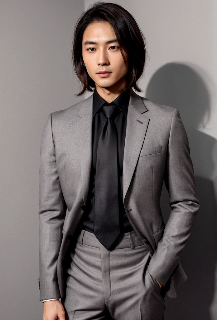 Let a 30-year-old，Wearing a black suit，Handsome Chinese man wearing a tie, CEO, Brown hair and beard, (Man in gray suit and tie), ), (Use a beard,) Charming and serious appearance, Short black hair, Elegant Fashion, Shaver with suit and strong body, (high quality, Realistic visual effects), Dark and light black on image background, style, ((Highest quality, 8K, masterpiece), Ultra-high-definition photos, (Beautiful and delicate face, Skin texture details, Ultra-fine body:1.1)，Full body picture