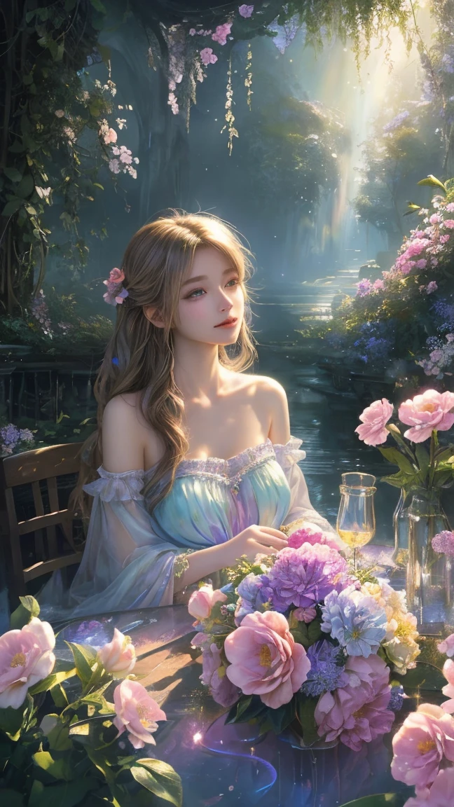 (high quality, 8k), (soft light), Rainbow-colored, one girl, detailed face, fine eyes, watercolor paiting, so magical and dreamy, dreamy and detailed, dreamy atmosphereとドラマ, gorgeous atmosphere, fantastic beautiful lighting, dreamy atmosphere, beautiful atmosphere, dreamy romantic, fantastic dreamy theme, magical atmosphere, beautiful atmosphere, anime background art, magical atmosphere + table top, dreamy aesthetics, Beautiful details with atmosphere, lots of flowers, bubble, water, flower garden