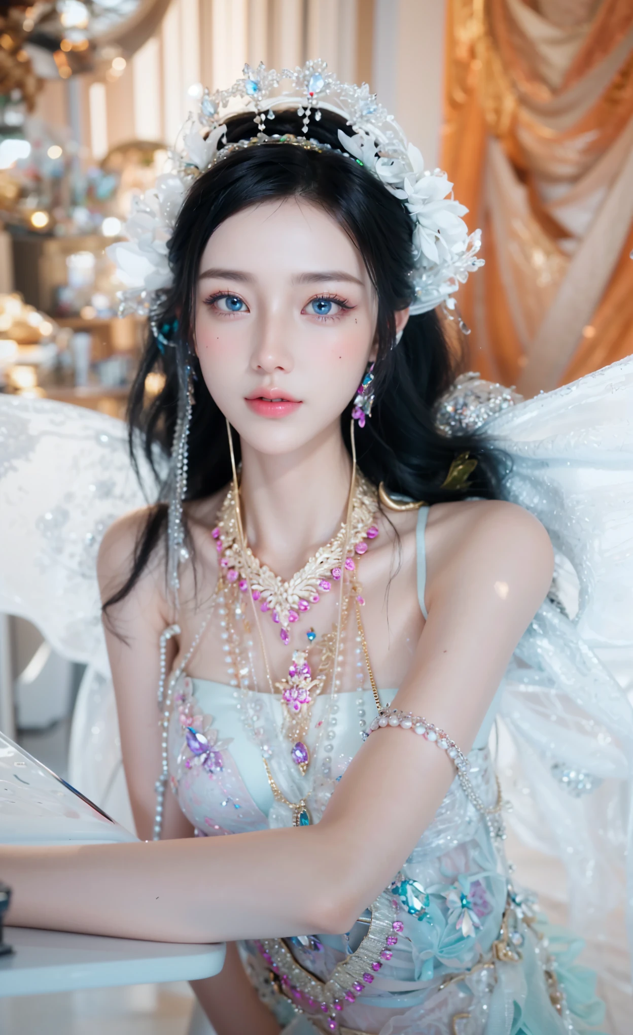 Game Art，Best image quality，Maximum resolution，8K，(A bust photo)，(portrait)，(Head close-up)，(Rule of Thirds)，Unreal Engine 5 rendering works，20 year old girl，((Queen))，The eyes are very detailed，(Large Breasts)，Elegance and nobility，Light，Light线追踪，Game CG，((3D Unreal Engine))，OC rendering reflection mode，4K，Ultra-clear，Sensual，Translucent lace，Fair and plump figure，Pretty Face，Light泽凝胶涂层，身着华贵礼服的Queen，Crystal Gem Crown，Necklace jewelry，blue eyes，The tattoo is very three-dimensional，Gorgeous and intricate tattoo designs，Ultra-clear portrait，Sexy body，Temple Princess，Sapphire eyes，Fine gold and diamond jewellery，Luxurious jewelry，Wearing diamond gemstone jewelry，Gorgeous jewelry all over the body，Pearl Necklace，Diamond Dress，Super beautiful model，