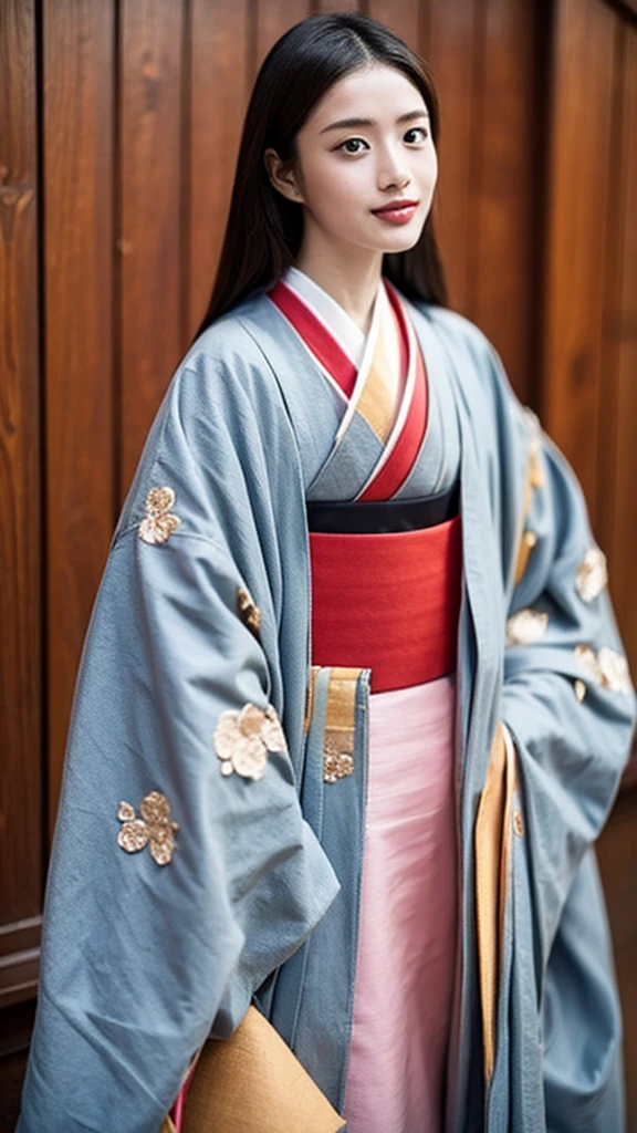 　A beautiful 15-year-old Japanese princess from the Sengoku period with long black hair　Gorgeous embroidery, Ultra glossy, She is wearing a shiny Edo-period princess kimono.　She takes out her nipples and squeezes out the milk