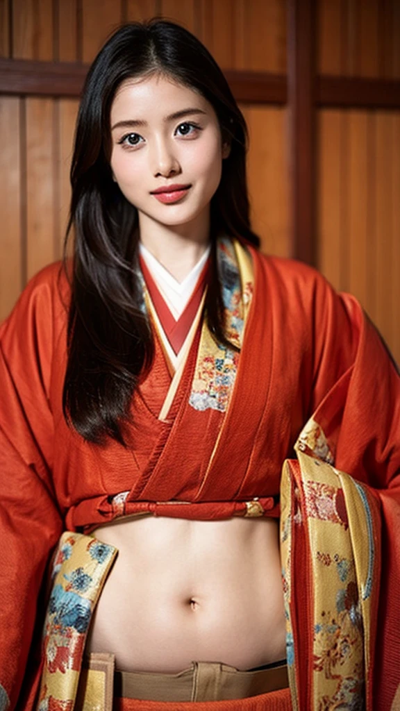 　A beautiful -yeld Jaese princess from the Sengoku period with long black hair　Gorgeous embroidery, Ultra glossy, She is wearing a shiny Edo-period princess kimono.　She takes out her nipples and squeezes out the milk