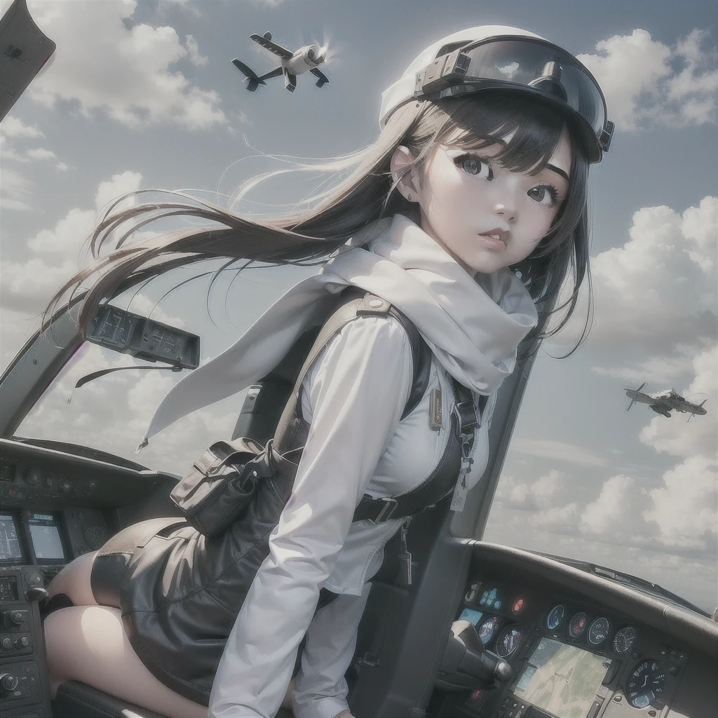(((one japanese girl, pilot, prop plane, airplane, fighter aircraft, Fighter Pilot, Cockpit of a fighter, A6M Zero fighter plane, Messerschmitt fighter plane, wearing a flying cap, Flying cap with goggles, wearing a white silk scarf, the scarf fluttering in the wind, Looking out from the cockpit, outside the sky, clouds in the sky, Cockpit window frame

