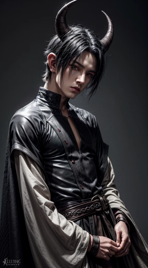 tiefling, male, fantasy character, pale grey skintone, short black hair, pointed ears, tail, horns on his head
