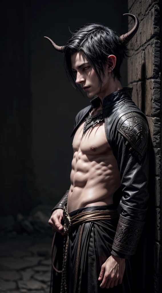 tiefling, male, fantasy character, pale grey skintone, short black hair, pointed ears, tail, horns on his head