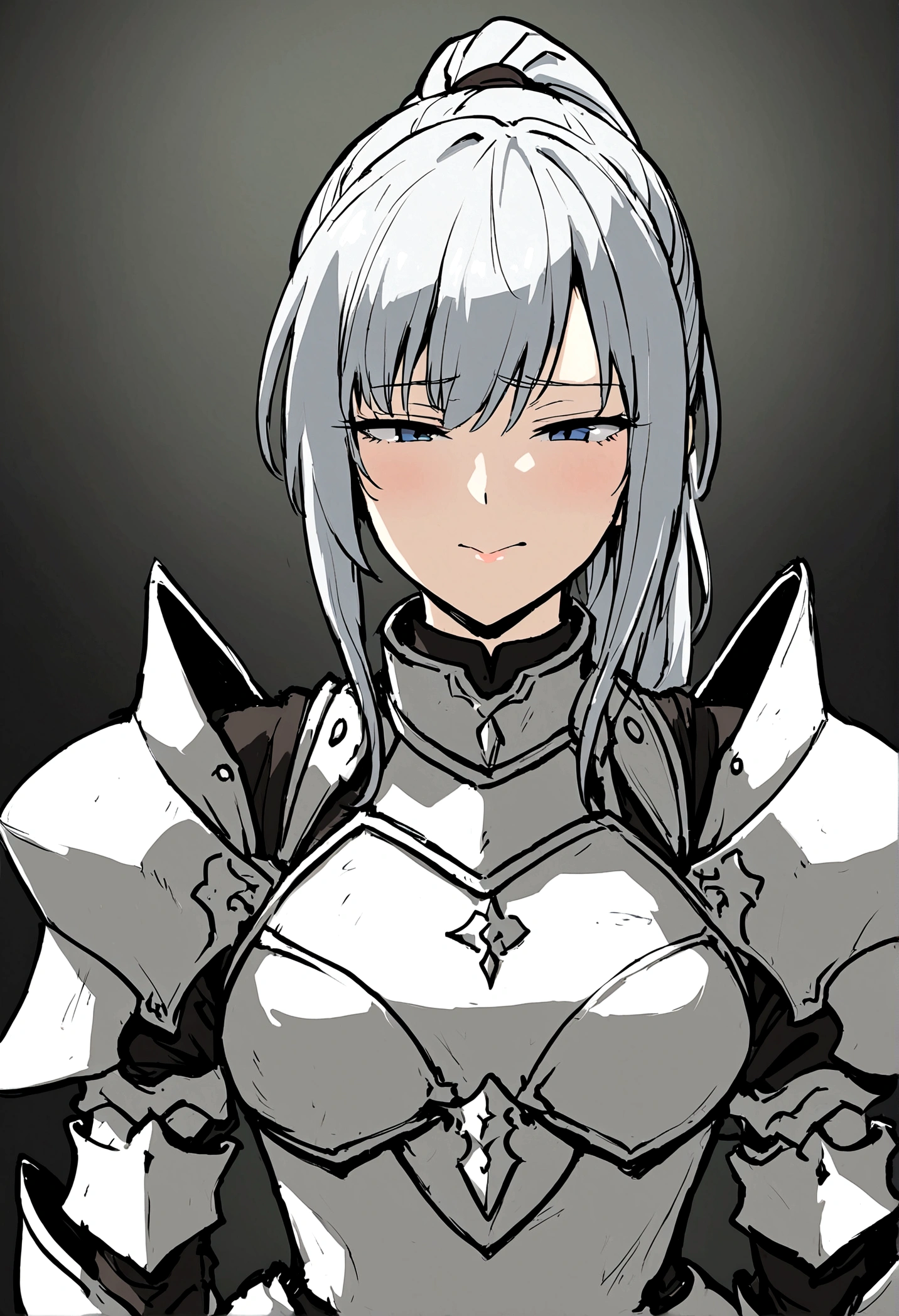 Beautiful girl knight in armor, Gray Hair, tsurime, fantastic, Face your body forward like a certificate photo, shoot from front, Ponytail, Armor Girl, beautiful female knight, Female Paladin, pale blue eyes, narrowed eyes squint, Talking mouth, upper body shot