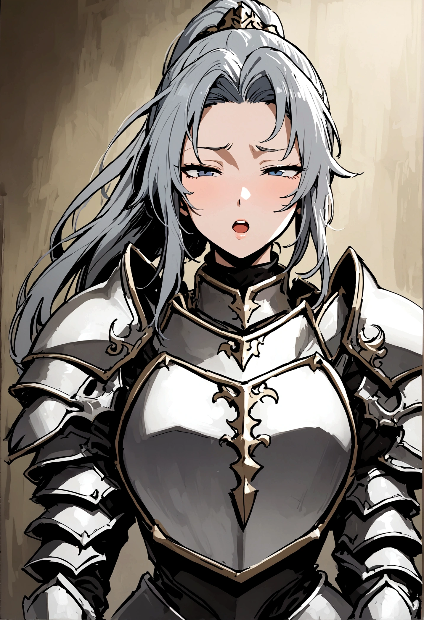 Beautiful girl knight in armor, Gray Hair, tsurime, fantastic, Face your body forward like a certificate photo, shoot from front, Ponytail, Armor Girl, beautiful female knight, Female Paladin, pale blue eyes, narrowed eyes squint, Talking mouth, upper body shot