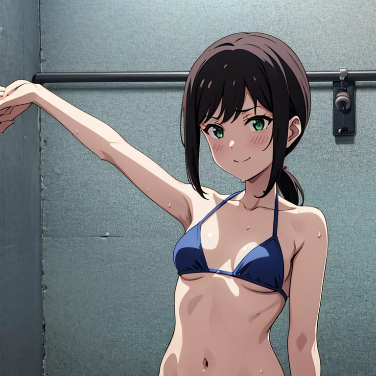 Nipples are visible,Runway,slingshot bikini,Open your arms,Anime Nose, anime eye, Anime Mouth,Wet Skin, wet hair,Upper Body, green_eye,{{{{{Avert your eyes}}}}},{{Browsing Caution}}, {{{{{from the front}}}},Mouth closed, lovelive!, {{{Anime Mouth}}},{{{{{Upper Body}}}}},{{{{{Portraiture}}}}}, {{{{{Laughter}}}}}, {{{{{Small breasts}}}}},Panty shot, (masterpiece, Highest quality:1.2),shape,8K,High resolution,One Girl,alone,black_hair,short_ponytail, Side Lock,low_ponytail,smile,black_eye,