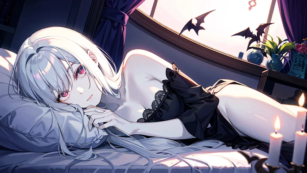 In a room of dark and mysterious hues, bathed in the silver light of the moon filtering through the velvet curtains, rests a young succubus. Her pale skin contrasts with her night-black hair, scattered around her head on the silk pillow. Her wings folded gently around her, similar to those of a bat, add a touch of strangeness to her haunting beauty. She wears a light nightgown that delicately reveals her sensual curves. Her expression is peaceful, her long eyelashes shading her delicate cheeks as she dreams in a deep, enchanting sleep. Around his bed, mystical symbols and unlit candles suggest a magical and secret atmosphere. The silence of the night is broken only by his slow, steady breathing.