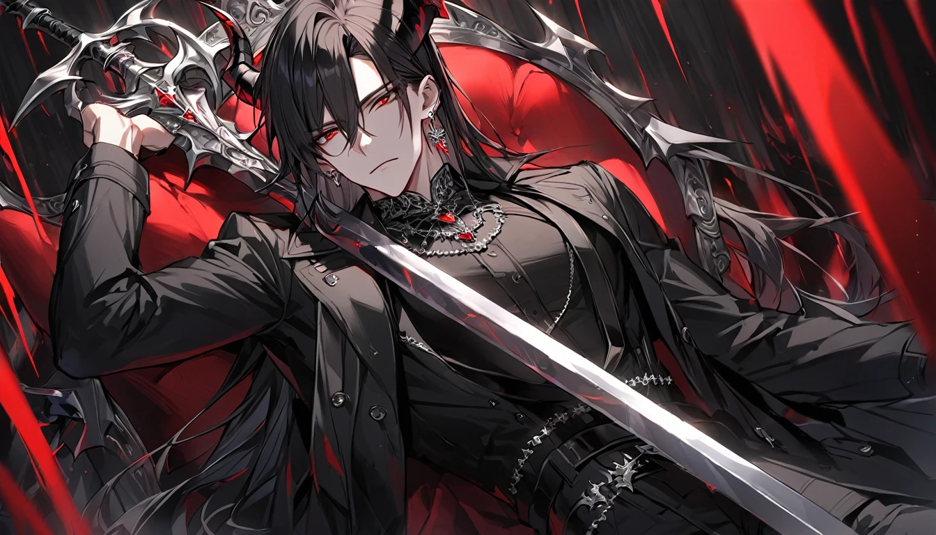 alone, good looking, 1 male, Long hair, Middle parted, Black hair, Red eyes, Black shirt, White Thailand, Black Trench Coat, Royal Silver Jewellery, Royal Demon Earrings, Black horns, Demon Crown, Demonic Greatsword, On Back