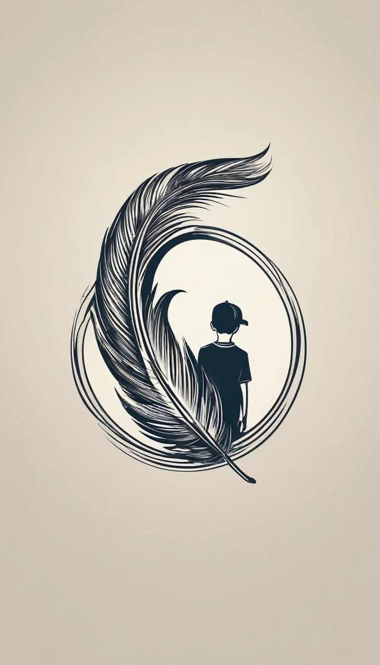 Create a minimal, modern, simple, inspirational, memorable, dream like logo design of a boy and a feather for the brand “Penamemoria".