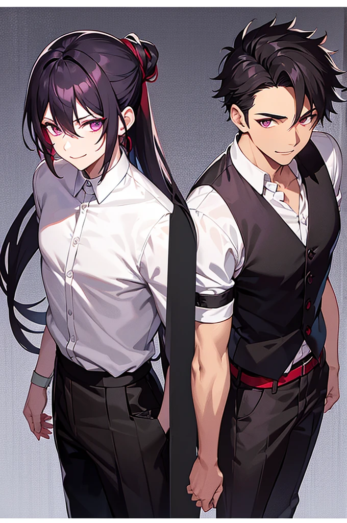 Black and red mesh hair、Purple Eyes、White background、Anime characters、Hair tied together、A man wearing a white shirt and a black vest、Black trousers、Leather shoean standing and smiling、Man standing facing forward、Adult male