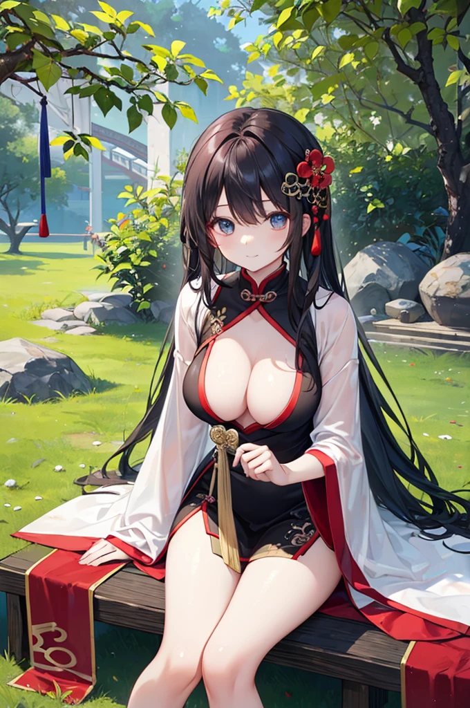 Beautiful Chinese girl,Wearing Hanfu,(transparent),Black long hair,watcher,Sitting on the grass,Lovely,A slight smile on the face,Large bust,Beautiful breasts are long and sagging,Cleavage close-up,(fit:10.0),Peerless Beauty,Wearing Chinese ancient jade hairpin jewelry