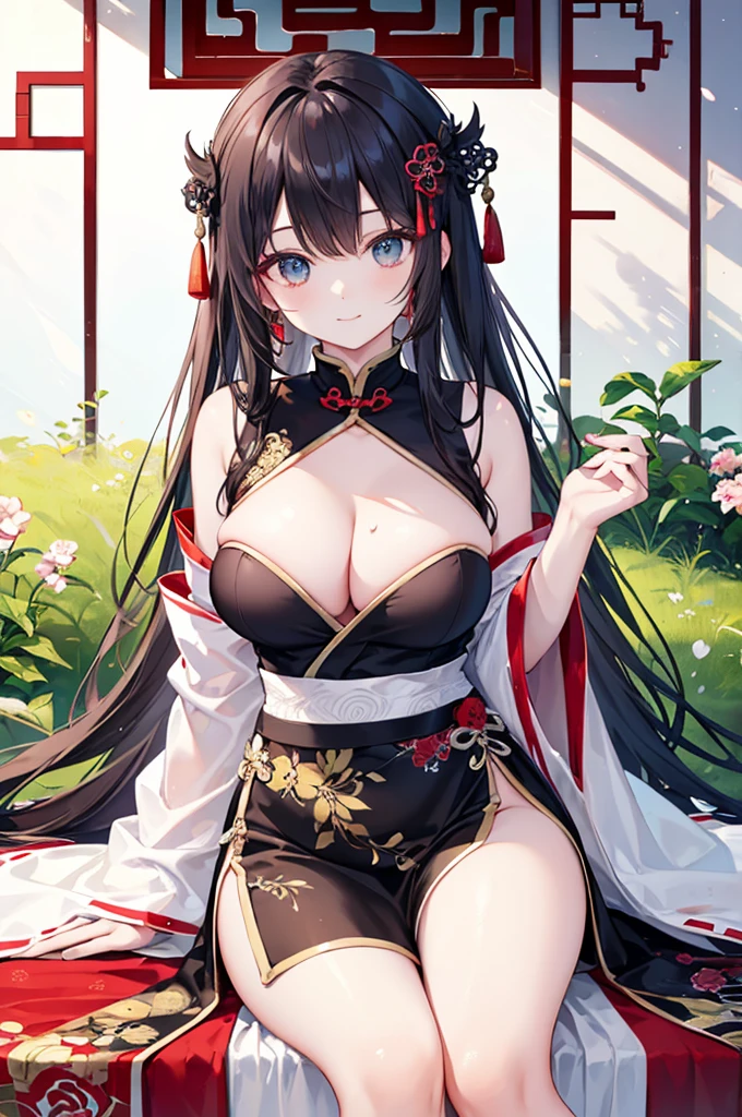 Beautiful Chinese girl,Wearing Hanfu,(transparent),Black long hair,watcher,Sitting on the grass,Lovely,A slight smile on the face,Large bust,Beautiful breasts are long and sagging,Cleavage close-up,(fit:10.0),Peerless Beauty,Wearing Chinese ancient jade hairpin jewelry