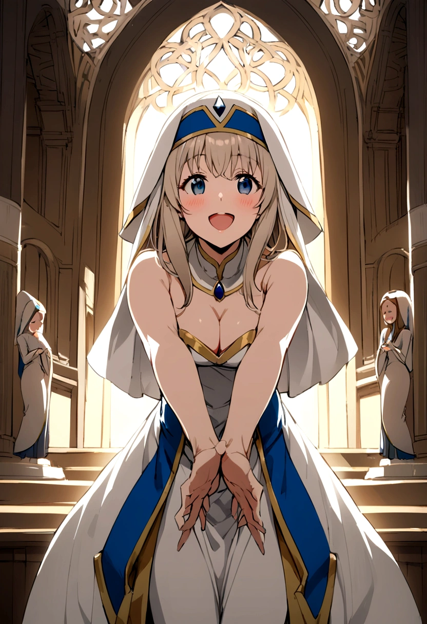 Looking forward, cleavage, priestess, happy, arms together, arms stretch forward, lean forward, bare skin