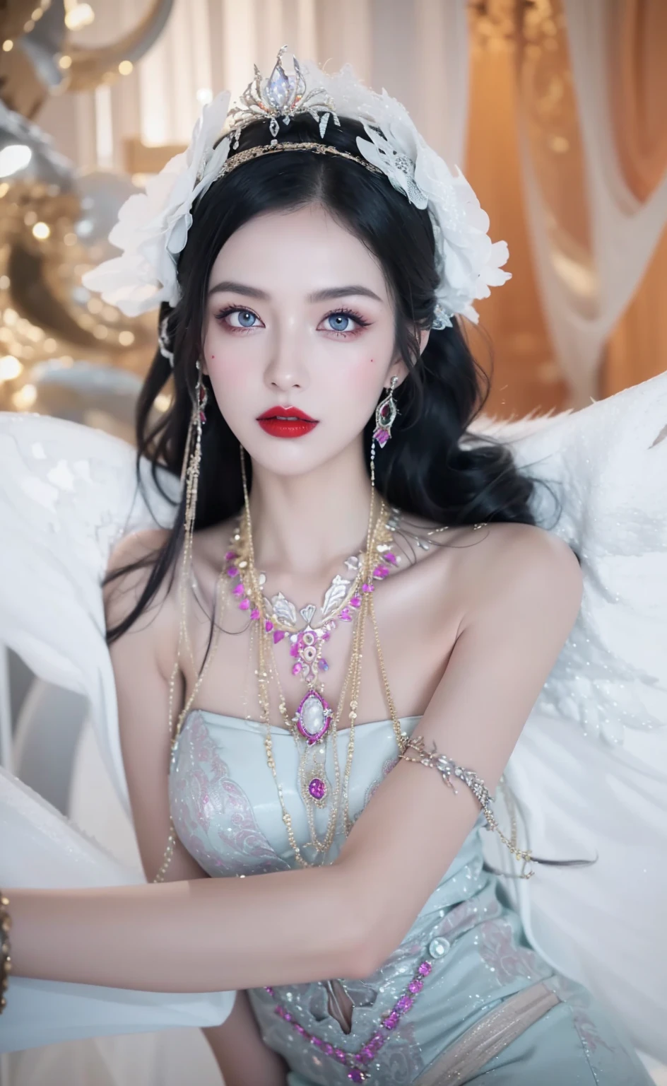 Detailed image quality,Witch Pandora,wing, Succubus Theme,堕落Angel,Excellent,scary,Secret Terror,Tentacles,With eyes,Uncanny Valley Effect,Beast Blood Moon,skeleton,vampire,Hellfire,Dark Queen,Angel,magician magic witch,16岁Angel,Eyes are blue(Pupils as deep as the starry sky),Gorgeous tattoo designs all over the body,Surreal photos(8K picture quality,Rich in details),Dark eyeshadow,Sexy thick lips(Red lipstick),Tattoo designs on body,Dark Queen,Wear luxurious gold jewelry,Sparkling diamond gemstone,breasts symmetrical,