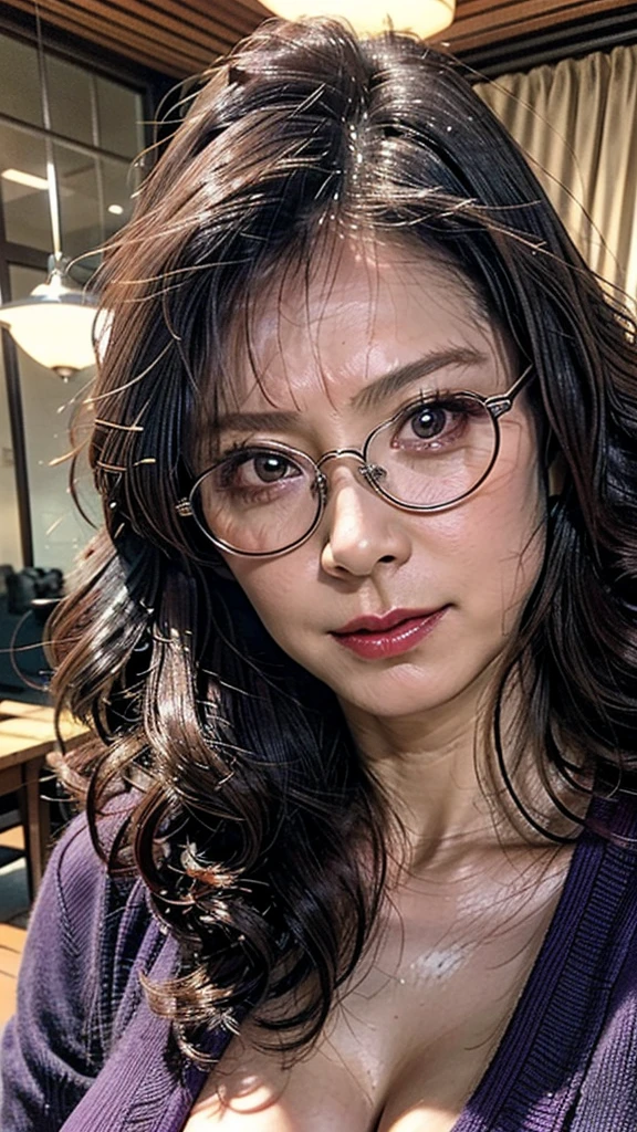 (  Absurdly , high quality , Super detailed:1.2 ) ,( Handcrafted details ) , (Highly detailed beautiful face:1.2),One girl, Mature Woman, ((Akina Nakamori:1.4)),((Very beautiful detailed face:1.2)),masterpiece, goddess,short hair ,((Purple Hair)),Glasses,((Natural big breasts:1.4)),((Upper Body))