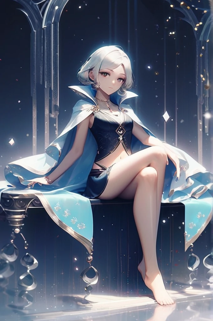 ((Лучшее качество)), ((шедевр)), (подробный), 1girl, barefoot, breasts, cape, jewelry, looking at viewer, navel, silver hair, sitting, solo