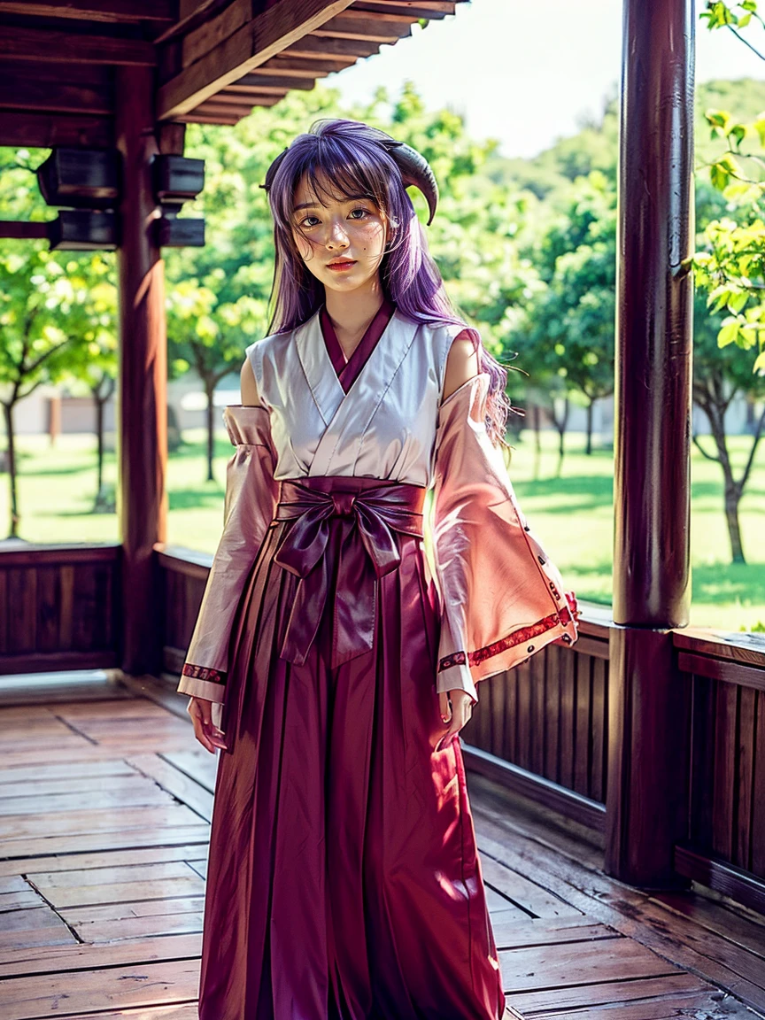 (1 girl), (Best quality at best:1.4), (ultra - detailed), (extremely detailed CG unified 16k), A Beautiful Girl: 1.4, Sharp Focus: 1.2, very detailed, High-definition RAW color photo, professional photoshooting, amazing face and eyes, (amazingly beautiful girl), ((Hanyuu, 11 years old girl)), ((japanese clothes, miko, detached sleeves, hakama, hakama skirt, skirt, red hakama, ribbon-trimmed sleeves)), standing, (Dark and stylish inside temple), (look from down), realistic cinematic face, head to feet long wide zoomed out view, full body long view, photorealistic, ((realistic natural purple hair style, horns, long hair, purple eyes, blush)), extremely beautiful face, perfect beauty, pout mouth, Highly Detailed Face and Skin Texture, Detailed Eyes, Double Eyelids, Small Breasts, cleavages, western, (masterpiece), best quality, high resolution, extremely detailed, blurred background, depth of field, cinematic lighting, amazing legs, high heels, clear and well-cared skin, drinking grape juice