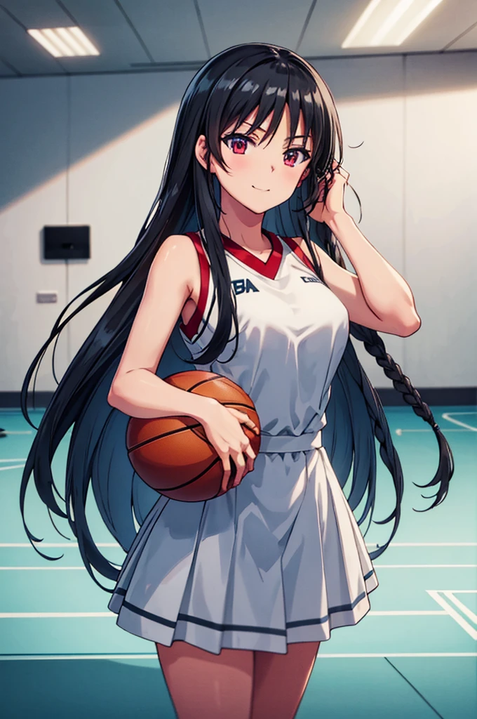 (masterpiece:1.3), (best quality:1.1), (8k, ultra detailed, ultra high res:1.2), ((anime style)), perfect 5 fingers, perfect ???????, 
1girl,
BREAK long hair, braid, black hair, red eyes, smile, (medium breasts:0.9), 
BREAK basketball uniform, Sleeveless, cowboy shot, BREAK perfect light, standing, (detailed background:1.1), inside, indoors, Gymnasium, (basketball), (Basketball court:1.2), crowd, 