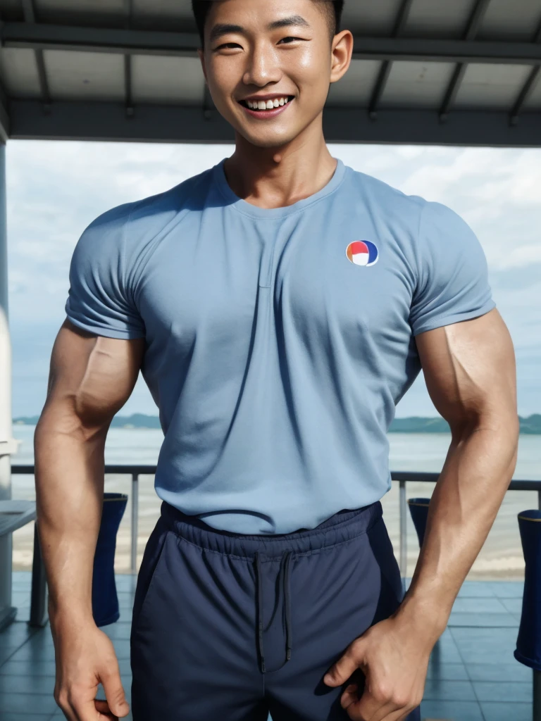(Create a masterpiece: 1.2),(CGI art:1.3),(realistic:1.5),(After processing:1.3), (Sharp focus:1.3), 1 man, open mouth, smile, (Navy blue round neck shirt), Navy cargo pants, Korean guy , korean men, (High gloss details), chest muscles, large arm muscles, blood vessel, Big muscles, Broad shoulders, looking at the audience, Balancing the eyes, Seaside, beach, sunlight, running towards the camera