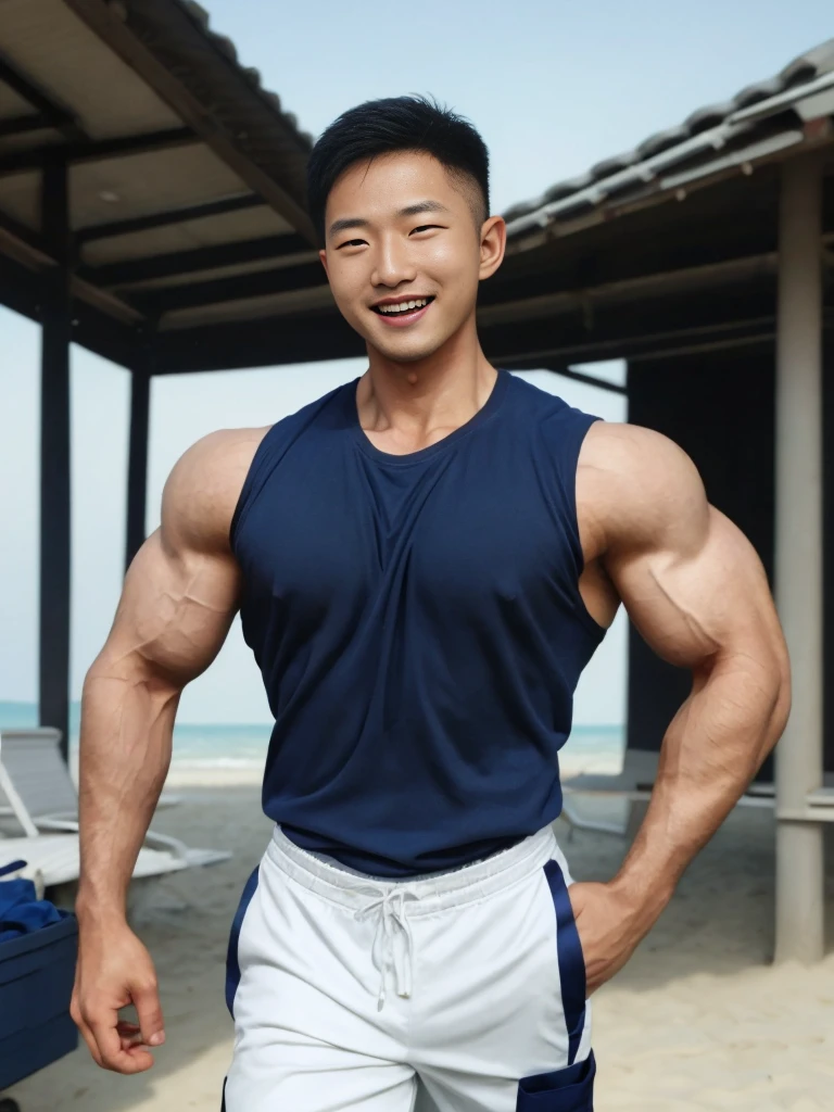 (Create a masterpiece: 1.2),(CGI art:1.3),(realistic:1.5),(After processing:1.3), (Sharp focus:1.3), 1 man, open mouth, smile, (Navy blue round neck shirt), Navy cargo pants, Korean guy , korean men, (High gloss details), chest muscles, large arm muscles, blood vessel, Big muscles, Broad shoulders, looking at the audience, Balancing the eyes, Seaside, beach, sunlight, running towards the camera