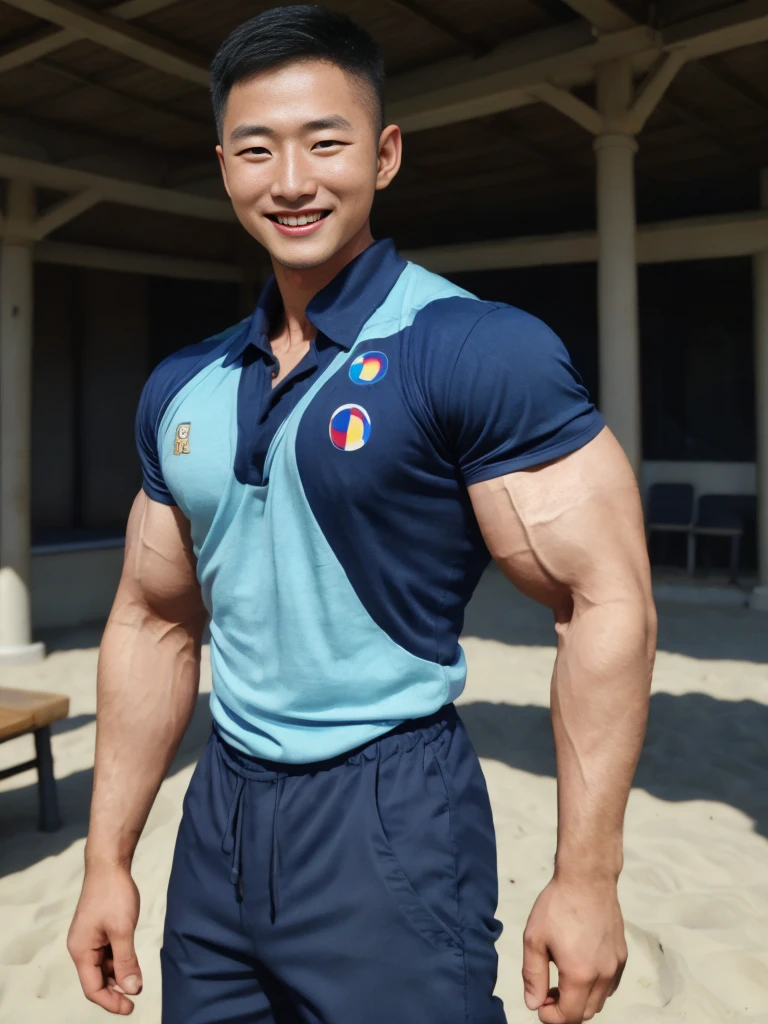 (Create a masterpiece: 1.2),(CGI art:1.3),(realistic:1.5),(After processing:1.3), (Sharp focus:1.3), 1 man, open mouth, smile, (Navy blue round neck shirt), Navy cargo pants, Korean guy , korean men, (High gloss details), chest muscles, large arm muscles, blood vessel, Big muscles, Broad shoulders, looking at the audience, Balancing the eyes, Seaside, beach, sunlight, running towards the camera