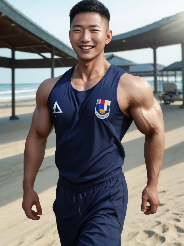 (Create a masterpiece: 1.2),(CGI art:1.3),(realistic:1.5),(After processing:1.3), (Sharp focus:1.3), 1 man, open mouth, smile, (Navy blue round neck shirt), Navy cargo pants, Korean guy , korean men, (High gloss details), chest muscles, large arm muscles, blood vessel, Big muscles, Broad shoulders, looking at the audience, Balancing the eyes, Seaside, beach, sunlight, running towards the camera