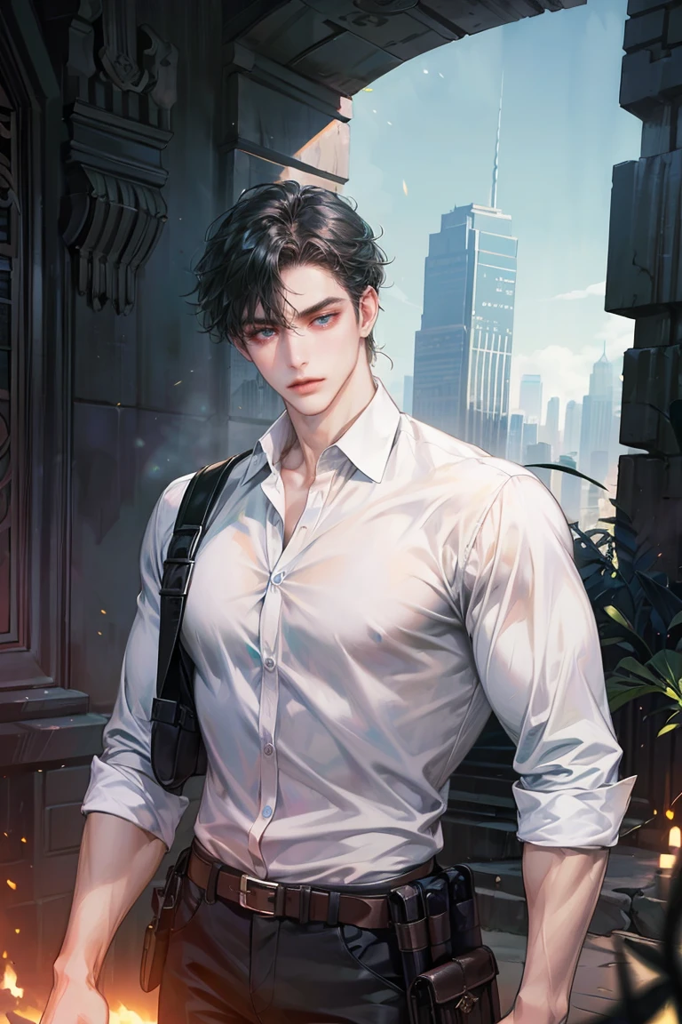 (absurdres, highres, ultra detailed, original character, HDR), 1 russian boy, solo, adult, handsome, ((tall muscular guy, broad shoulders)), finely detailed eyes, (black hair), hair between eyes, turquoise eyes, holographic, futuristic, casual and sexy outfit, gun holster, (body tight white shirt), (large man breasts), ((wearing an earring)), cowboy shot, dutch angle, face focused, tower walled city scenery, dystopian hong kong city, skyscrapers, Cyan, Magenta, long face, closed mouth, looking at viewer, depth of field, bokeh
