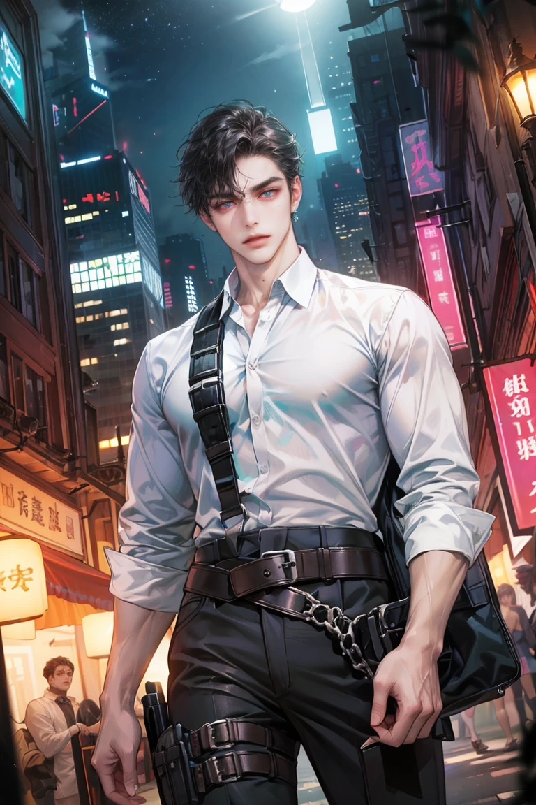 (absurdres, highres, ultra detailed, original character, HDR), 1 russian boy, solo, adult, handsome, ((tall muscular guy, broad shoulders)), finely detailed eyes, (black hair), hair between eyes, turquoise eyes, holographic, futuristic, casual and sexy outfit, gun holster, (body tight white shirt), (large man breasts), ((wearing an earring)), cowboy shot, dutch angle, face focused, tower walled city scenery, dystopian hong kong city, skyscrapers, Cyan, Magenta, long face, closed mouth, looking at viewer, depth of field, bokeh