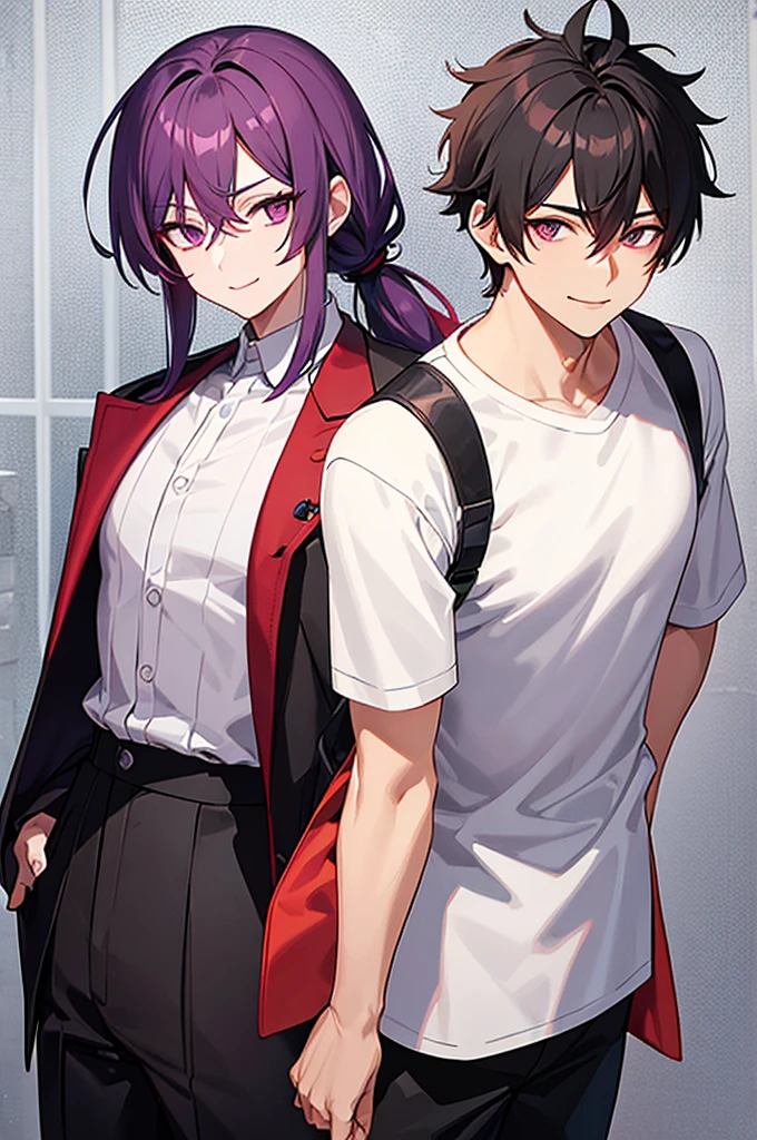 Black and red mesh hair、Purple Eyes、White background、Anime characters、Hair tied together、A man wearing a white shirt and a black vest、Black trousers、Leather shoean standing and smiling、Man standing facing forward、One adult male